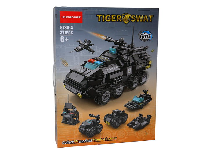 Caja de juguete de bloques de construcción Lelebrother Tiger SWAT con modelo de vehículo blindado negro y otros modelos pequeños.