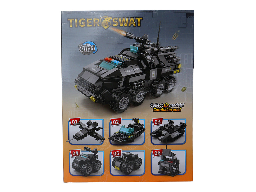 Caja de juguete de bloques de construcción Lelebrother Tiger SWAT con modelo de vehículo blindado negro y otros modelos pequeños.