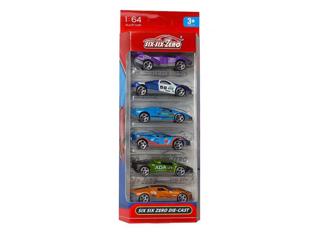 Set de 6 carritos de juguete die-cast en colores variados presentados en un empaque rojo vertical.
