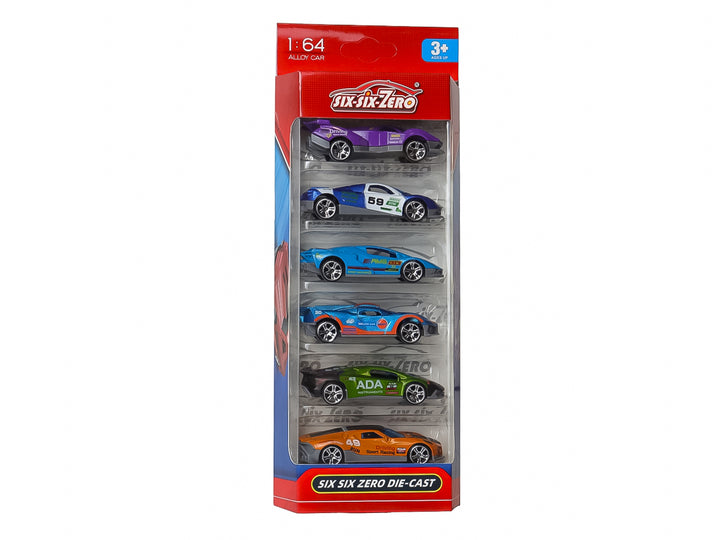 Set de 6 carritos de juguete die-cast en colores variados presentados en un empaque rojo vertical.