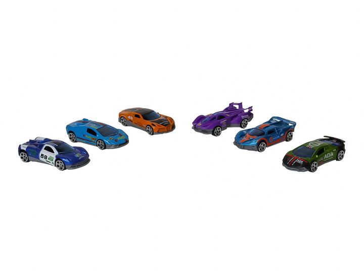 Set de 6 carritos de juguete die-cast en colores variados presentados en un empaque rojo vertical.