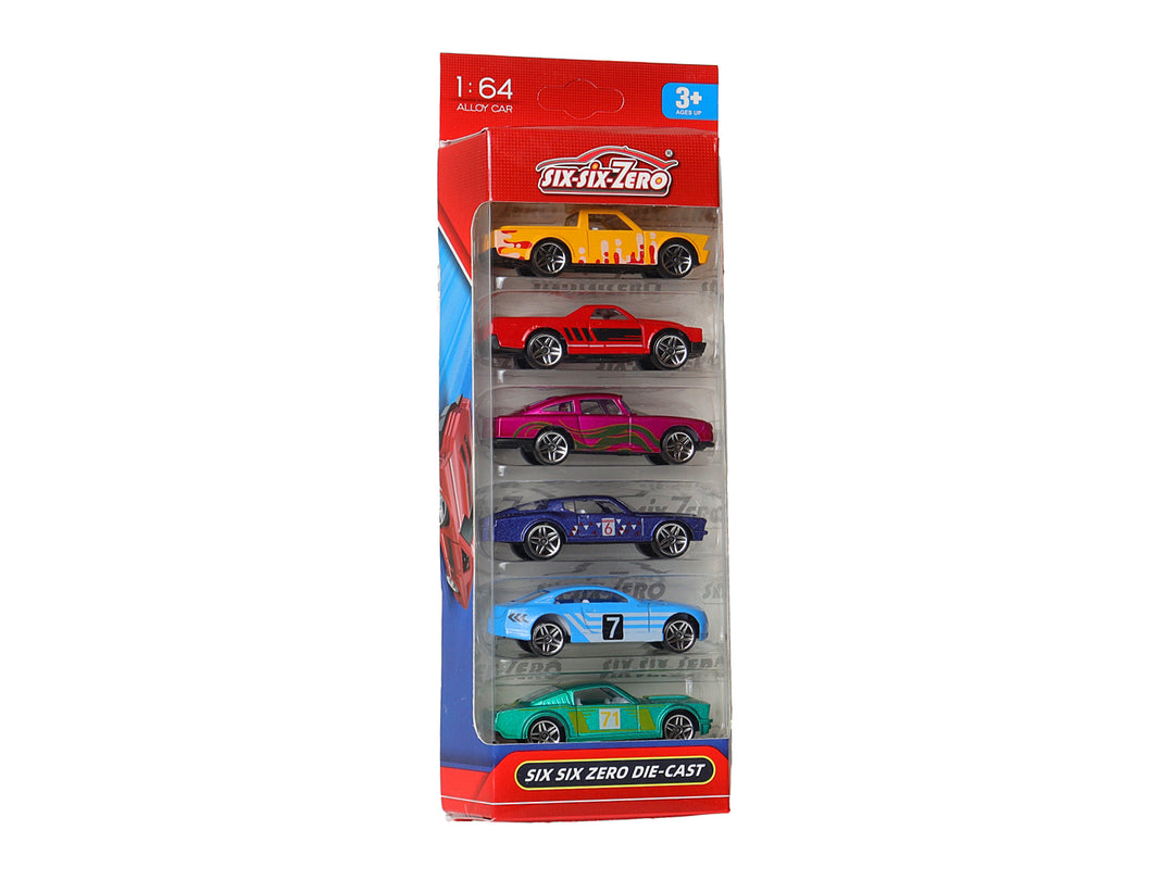 Set de 6 carros de juguete a escala 1:64 en colores variados dentro de un empaque rojo.