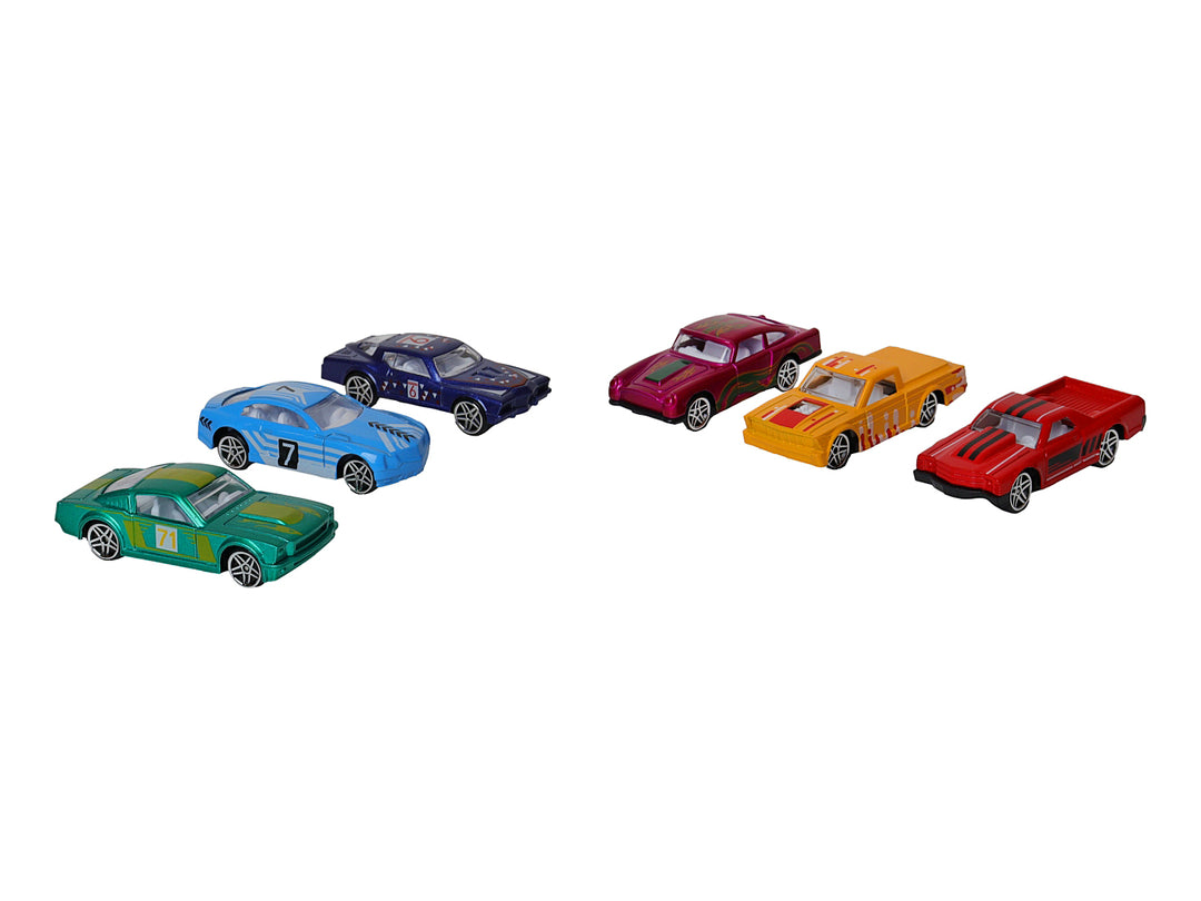 Set de 6 carros de juguete a escala 1:64 en colores variados dentro de un empaque rojo.