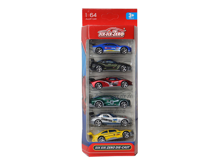 Set de 6 carros de juguete a escala 1:64 en colores variados dentro de un empaque rojo de Kelder Toys.