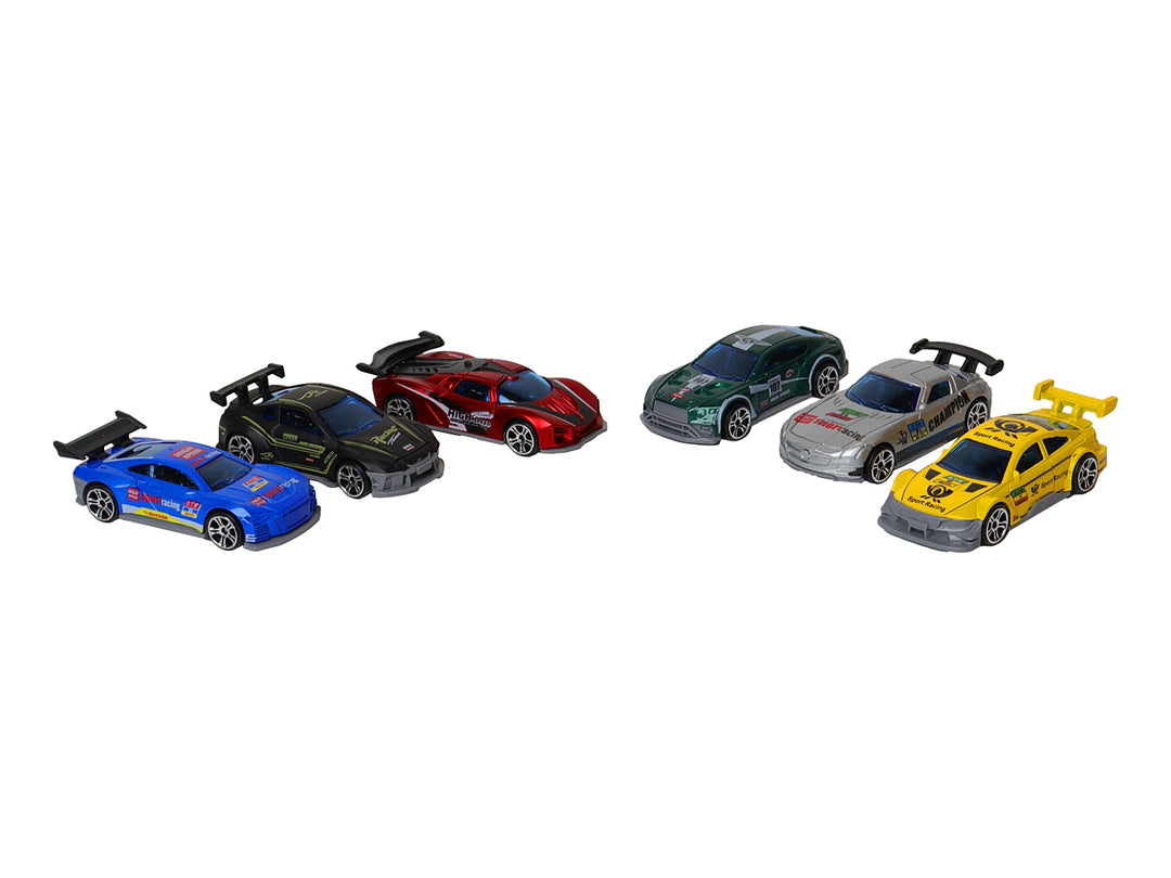Set de 6 carros de juguete a escala 1:64 en colores variados dentro de un empaque rojo de Kelder Toys.