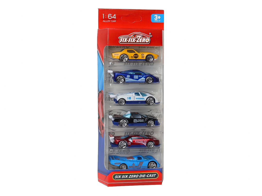 Set de 6 carritos de juguete a escala 1:64 en colores variados dentro de un empaque rojo.