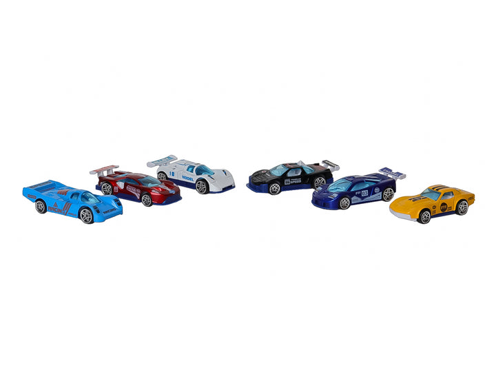 Set de 6 carritos de juguete a escala 1:64 en colores variados dentro de un empaque rojo.