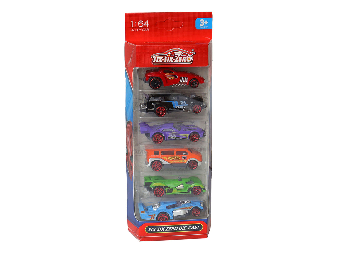 Set de 6 carritos de juguete die-cast en colores variados presentados en un empaque rojo vertical.