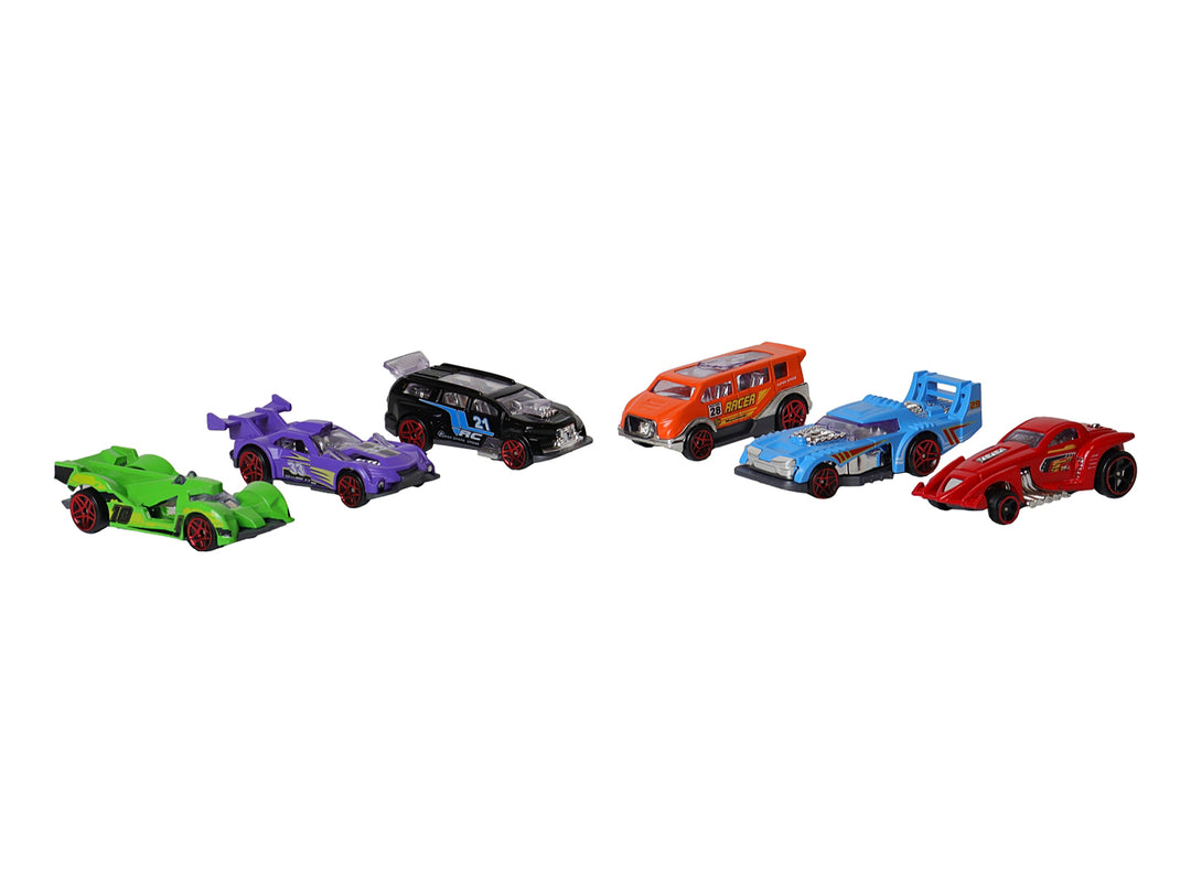 Set de 6 carritos de juguete die-cast en colores variados presentados en un empaque rojo vertical.