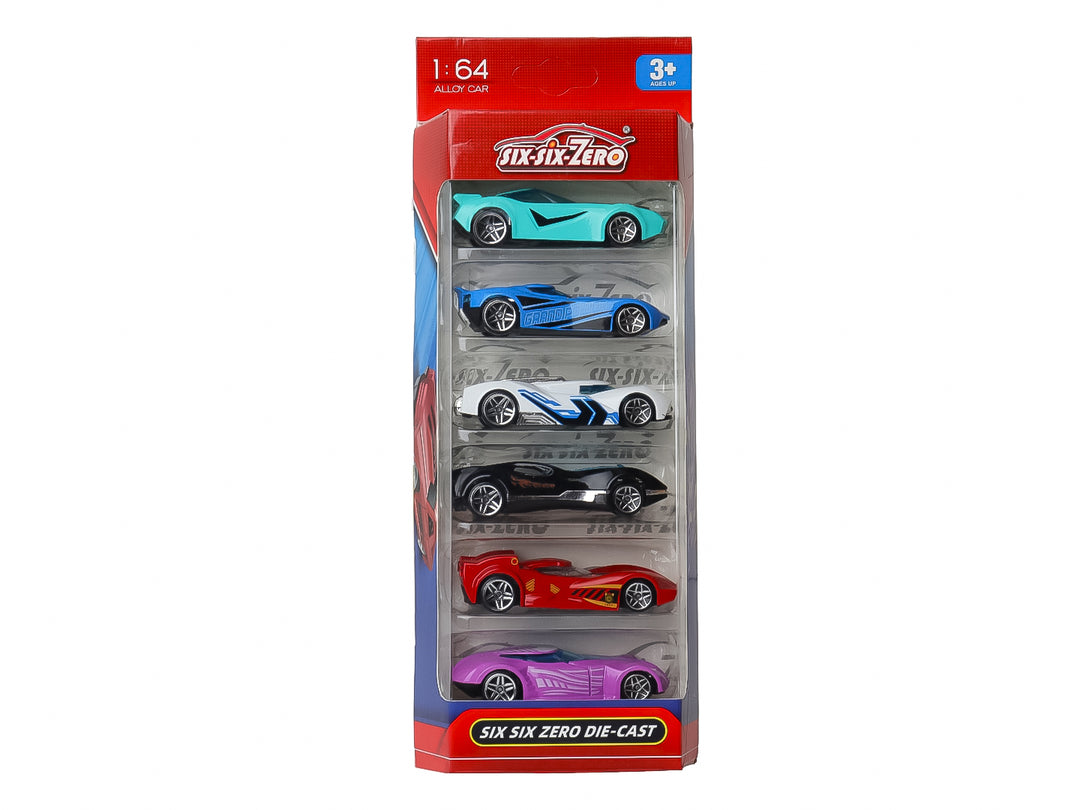 Set de 6 carros de juguete die-cast en colores variados presentados en un empaque vertical rojo.