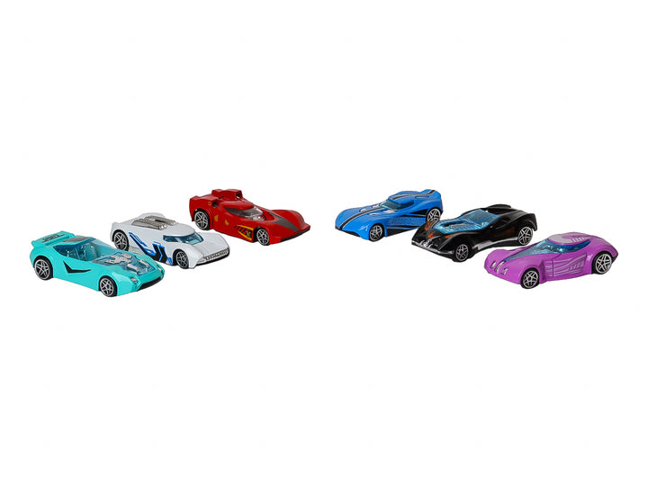 Set de 6 carros de juguete die-cast en colores variados presentados en un empaque vertical rojo.