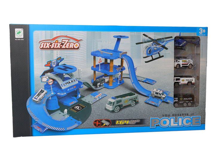 Set de juguete de estacionamiento de policía azul con varios vehículos y un helicóptero