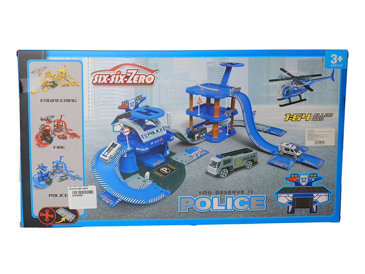 Set de juguete de estacionamiento de policía azul con varios vehículos y un helicóptero