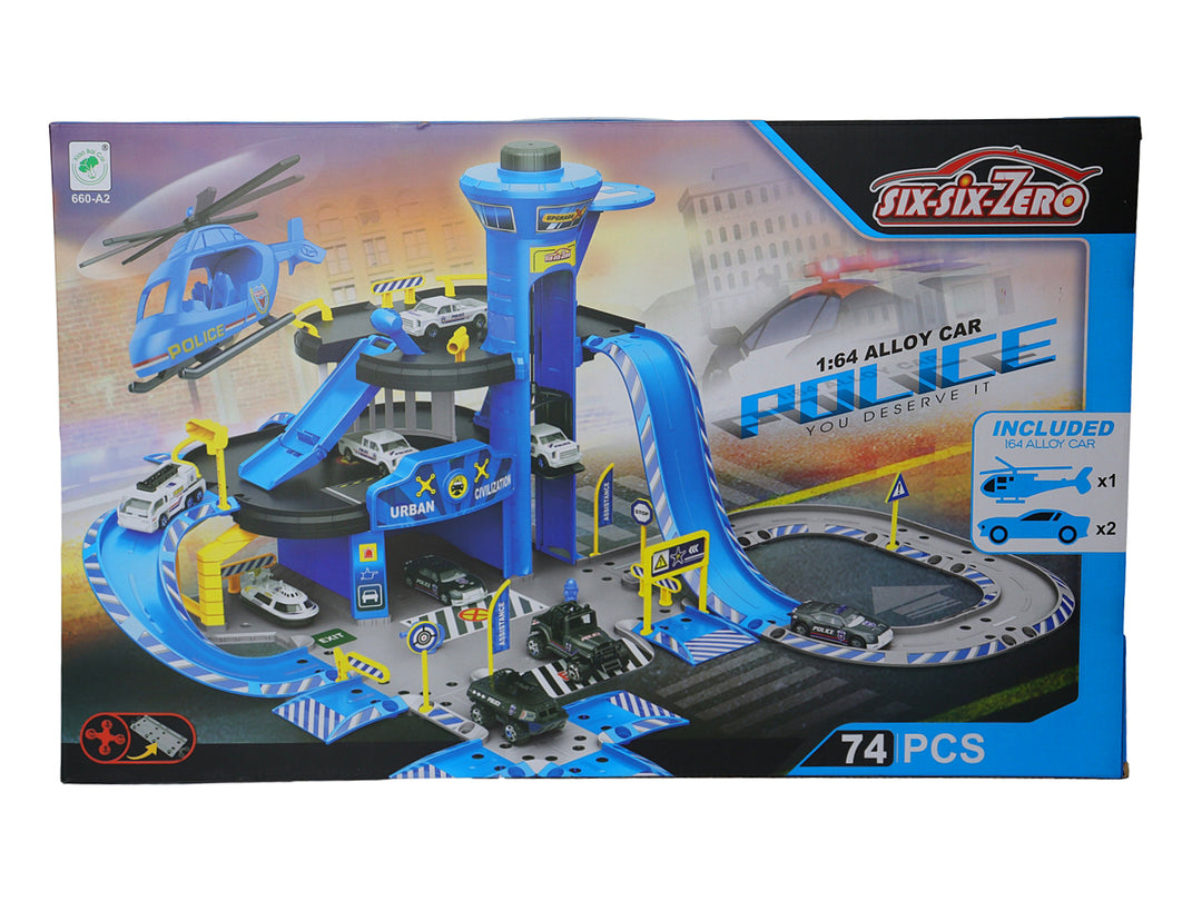 Set de estación de policía de juguete con helicóptero, autos y rampas en colores azul y blanco.