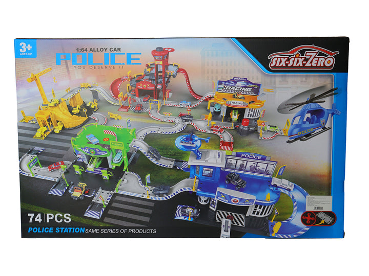 Set de estación de policía de juguete con helicóptero, autos y rampas en colores azul y blanco.