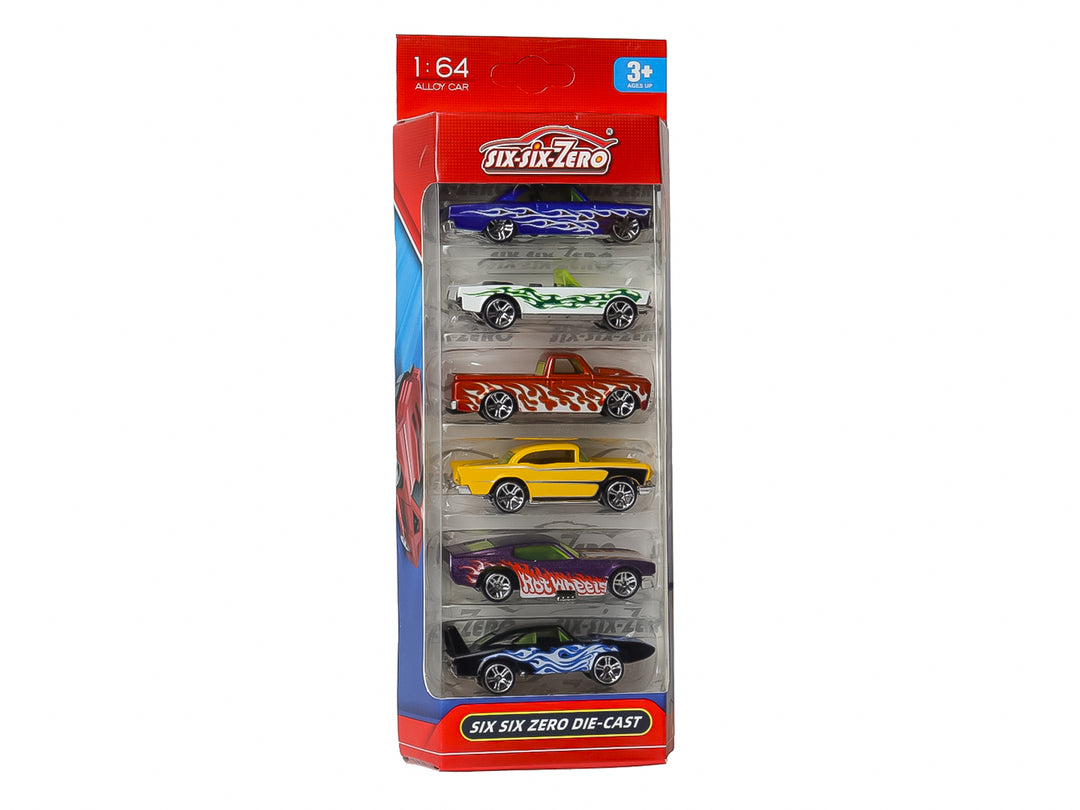 Set de 6 carritos de juguete die-cast multicolor en empaque rojo, escala 1:64.