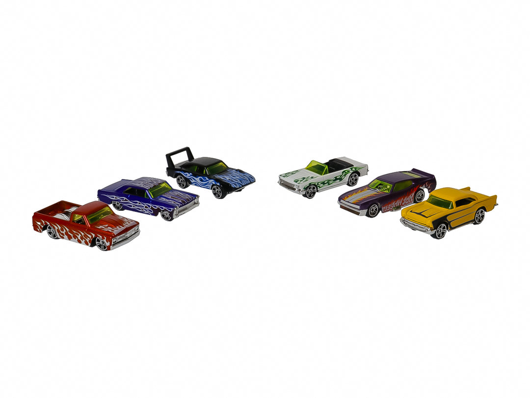Set de 6 carritos de juguete die-cast multicolor en empaque rojo, escala 1:64.