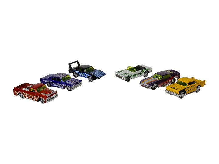Set de 6 carritos de juguete die-cast multicolor en empaque rojo, escala 1:64.