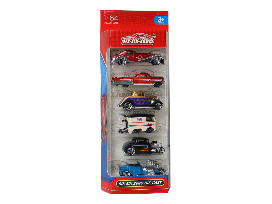 Set de 6 carritos de juguete die-cast en colores variados presentados en un empaque rojo transparente.