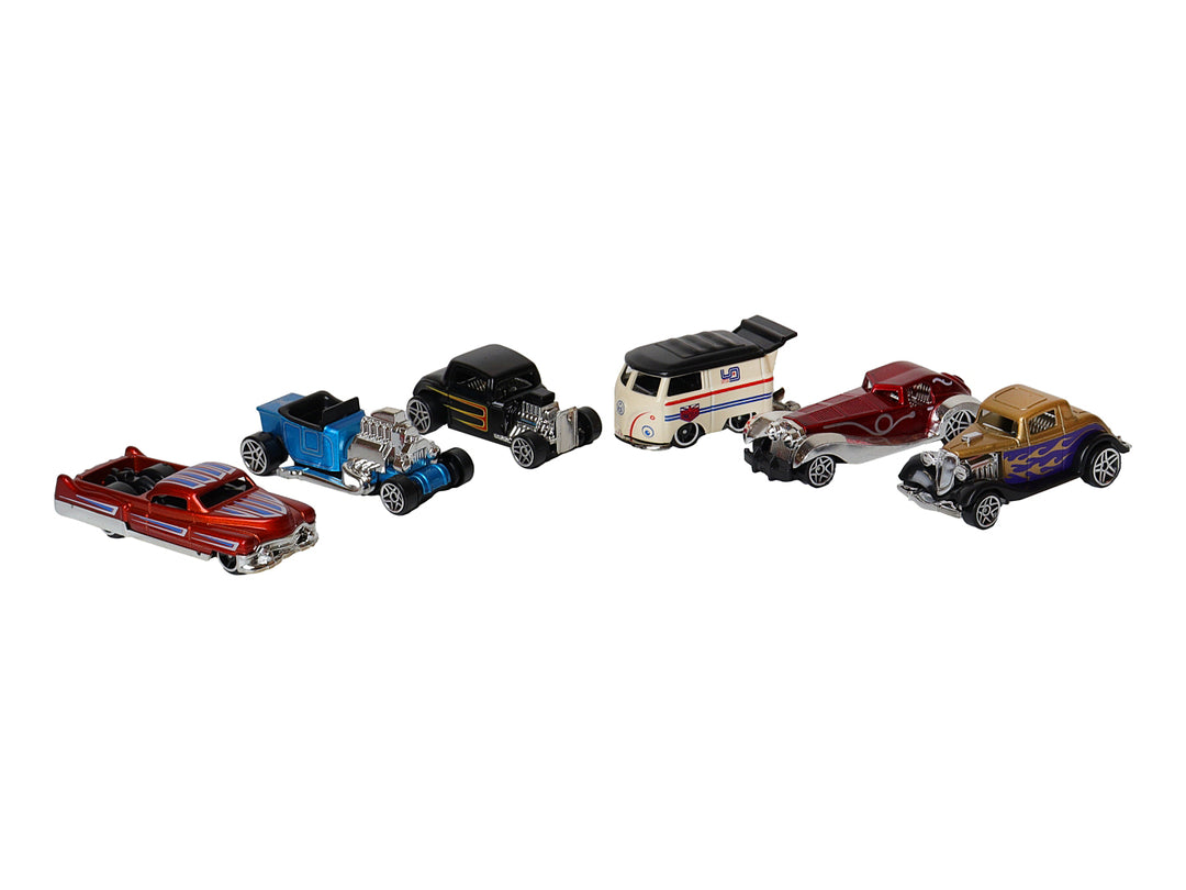 Set de 6 carritos de juguete die-cast en colores variados presentados en un empaque rojo transparente.