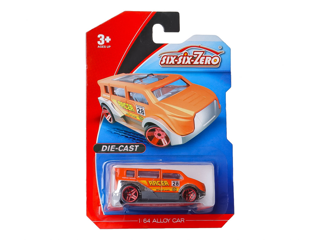 Carro de juguete a escala color naranja con detalles grises y blancos en empaque blister.