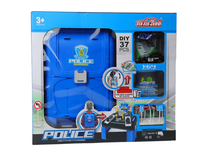 Set de juguete estación de policía en maletín azul con accesorios y autos a escala, marca Six-Six-Zero.