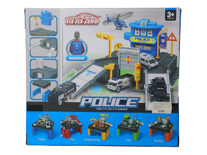 Set de juguete estación de policía en maletín azul con accesorios y autos a escala, marca Six-Six-Zero.