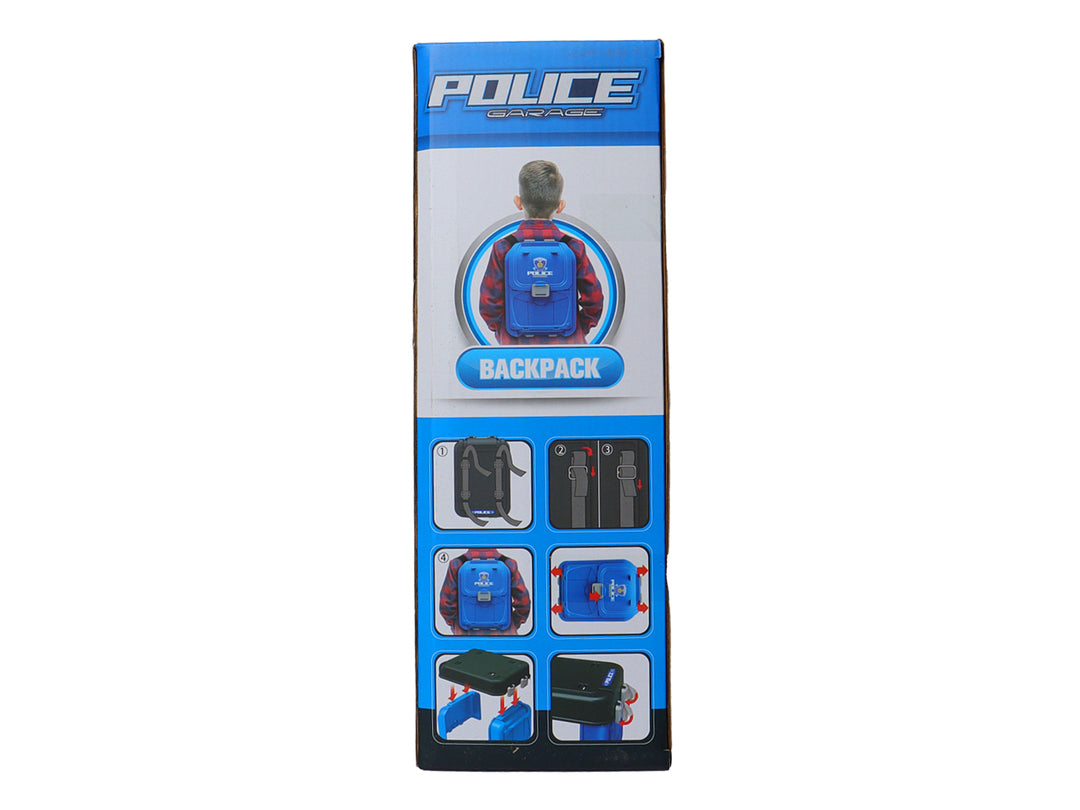 Set de juguete estación de policía en maletín azul con accesorios y autos a escala, marca Six-Six-Zero.