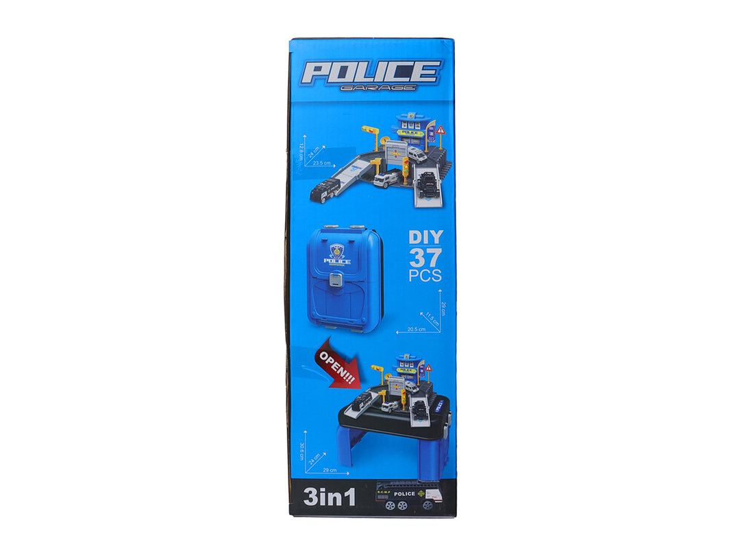 Set de juguete estación de policía en maletín azul con accesorios y autos a escala, marca Six-Six-Zero.