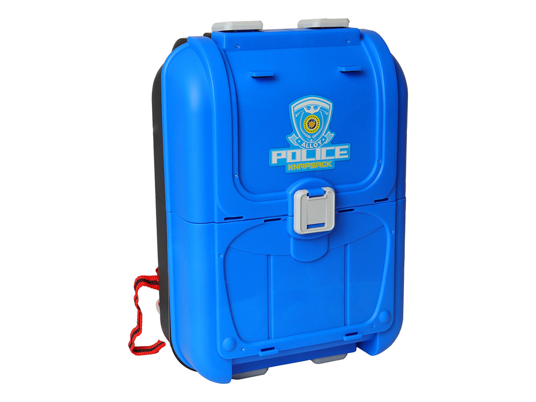 Set de juguete estación de policía en maletín azul con accesorios y autos a escala, marca Six-Six-Zero.