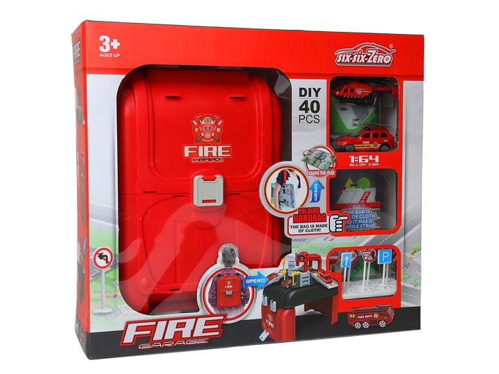 Set de juguete estación de bomberos en maletín rojo con accesorios y vehículos a escala 1:64.