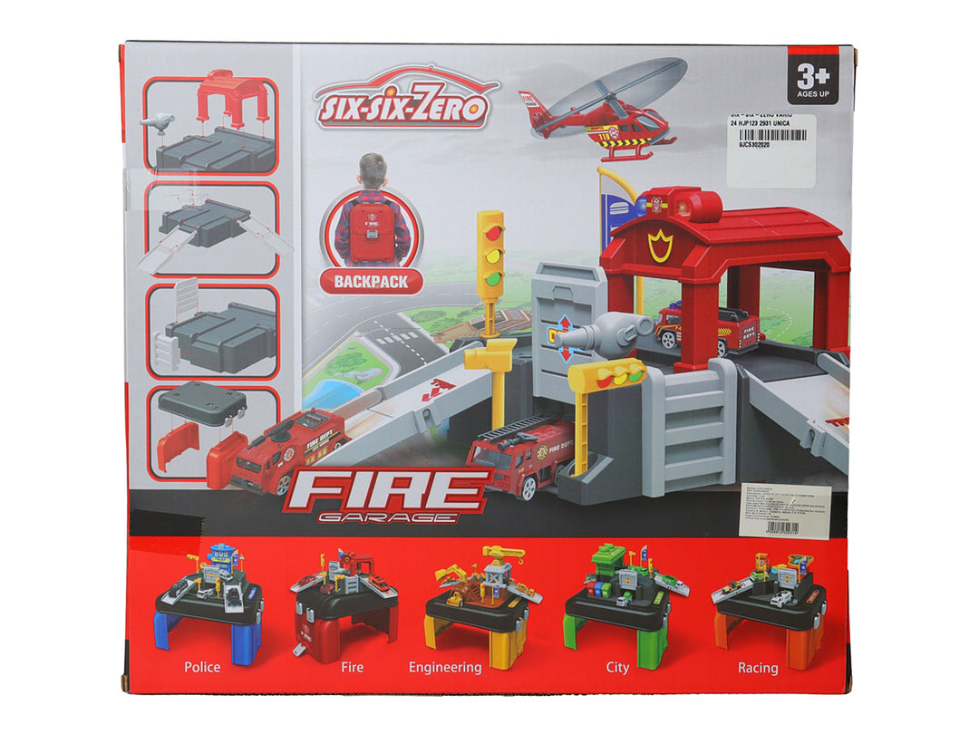 Set de juguete estación de bomberos en maletín rojo con accesorios y vehículos a escala 1:64.