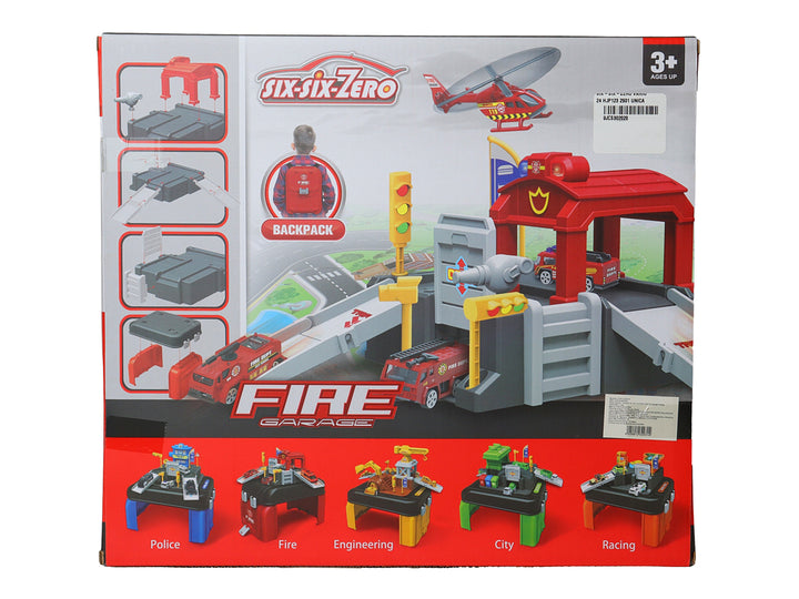 Set de juguete estación de bomberos en maletín rojo con accesorios y vehículos a escala 1:64.