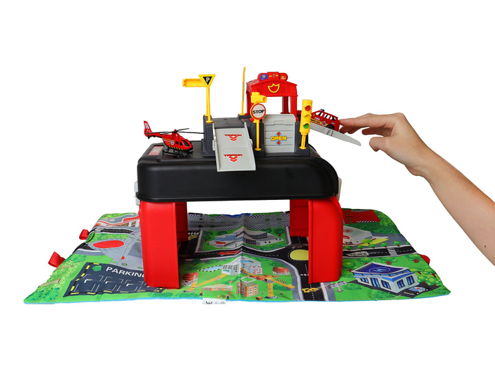 Set de juguete estación de bomberos en maletín rojo con accesorios y vehículos a escala 1:64.