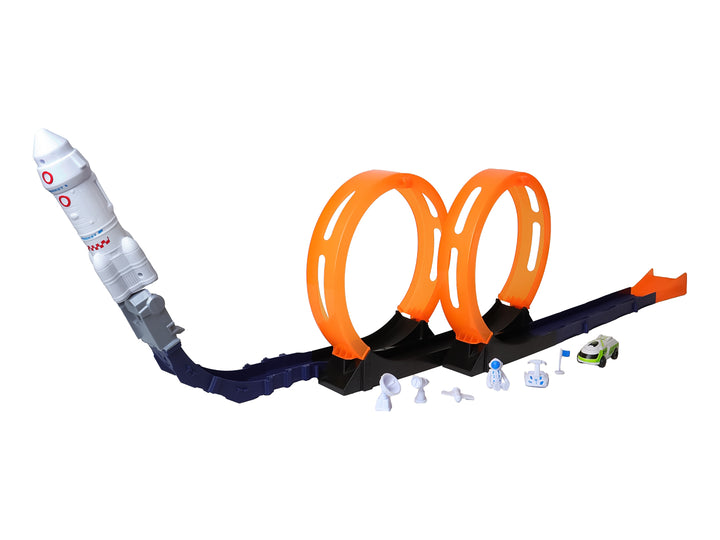 Juego de pista espacial con cohete blanco, dos loops naranjas y accesorios pequeños sobre fondo blanco.