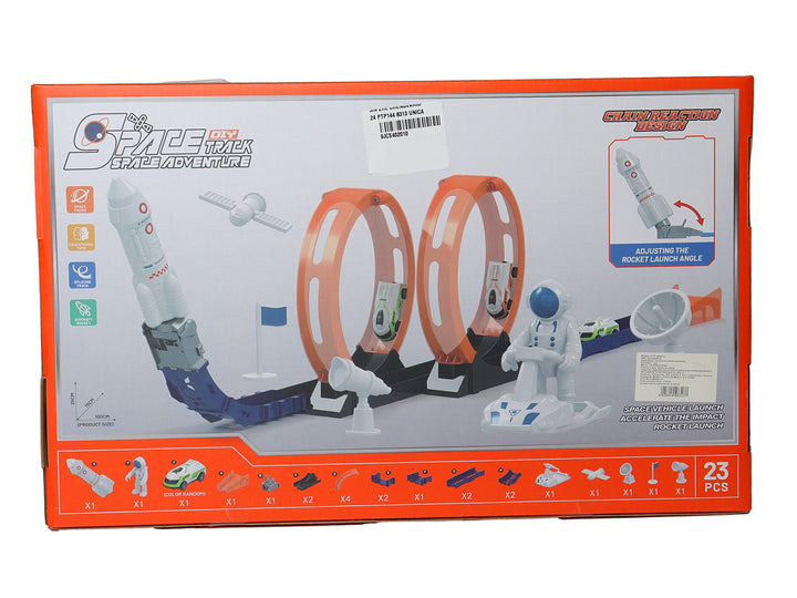 Juego de pista espacial con cohete blanco, dos loops naranjas y accesorios pequeños sobre fondo blanco.