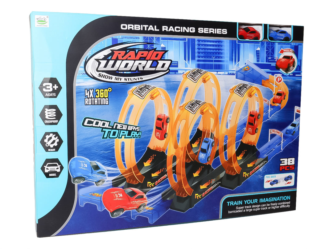 Caja de juego de pista de carreras Rapid World con autos rojos y azules y tres loops naranjas.