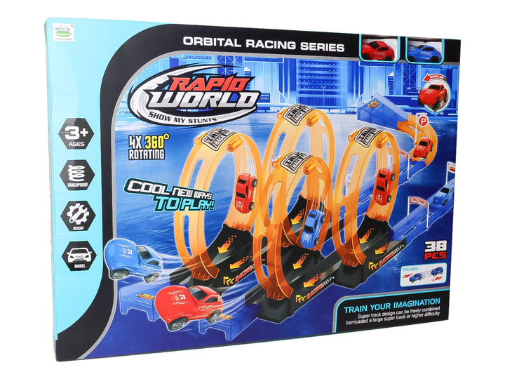 Caja de juego de pista de carreras Rapid World con autos rojos y azules y tres loops naranjas.