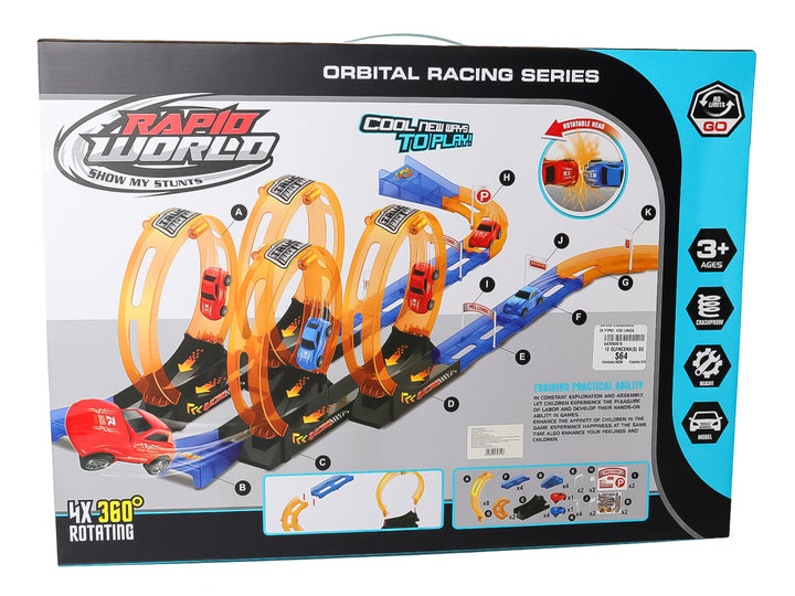Caja de juego de pista de carreras Rapid World con autos rojos y azules y tres loops naranjas.