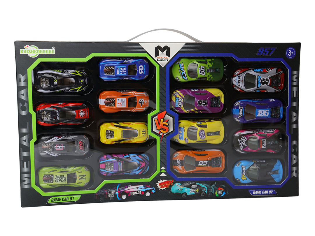 Set de carros de juguete multicolores en empaque negro con ventana transparente.
