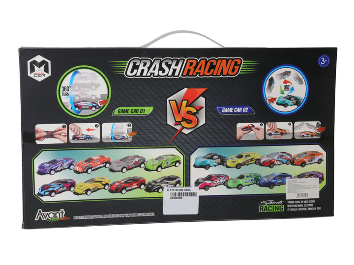 Set de carros de juguete multicolores en empaque negro con ventana transparente.