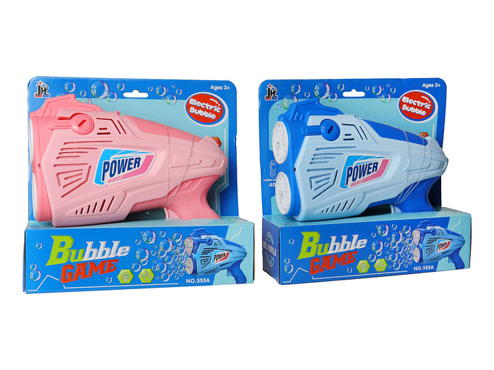 Dos pistolas de burbujas eléctricas, una rosa y otra azul, en sus empaques originales de Bubble Game.