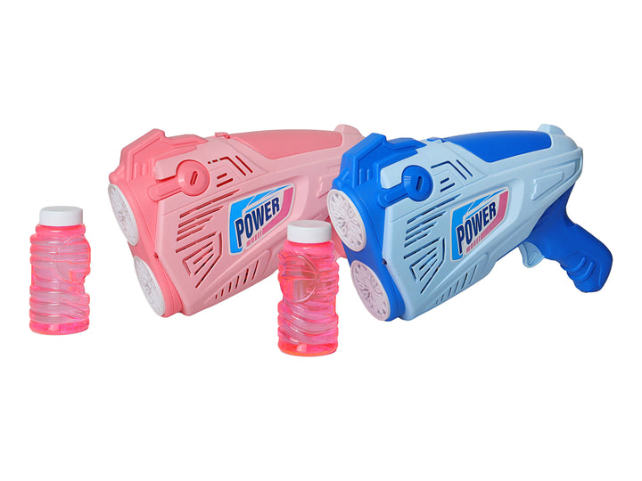 Dos pistolas de burbujas eléctricas, una rosa y otra azul, en sus empaques originales de Bubble Game.