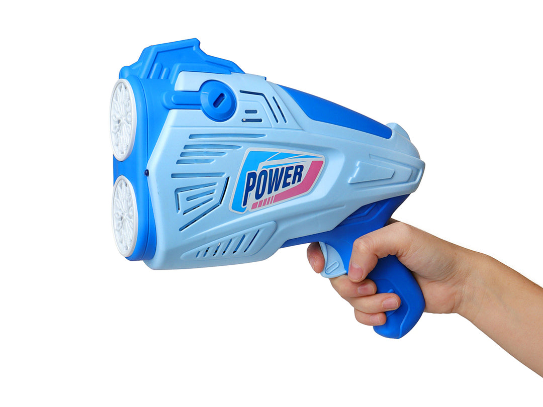 Dos pistolas de burbujas eléctricas, una rosa y otra azul, en sus empaques originales de Bubble Game.