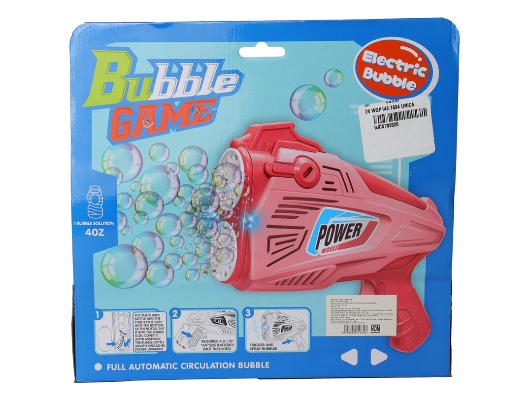 Dos pistolas de burbujas eléctricas, una rosa y otra azul, en sus empaques originales de Bubble Game.