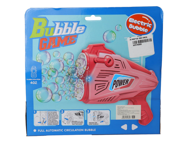 Dos pistolas de burbujas eléctricas, una rosa y otra azul, en sus empaques originales de Bubble Game.