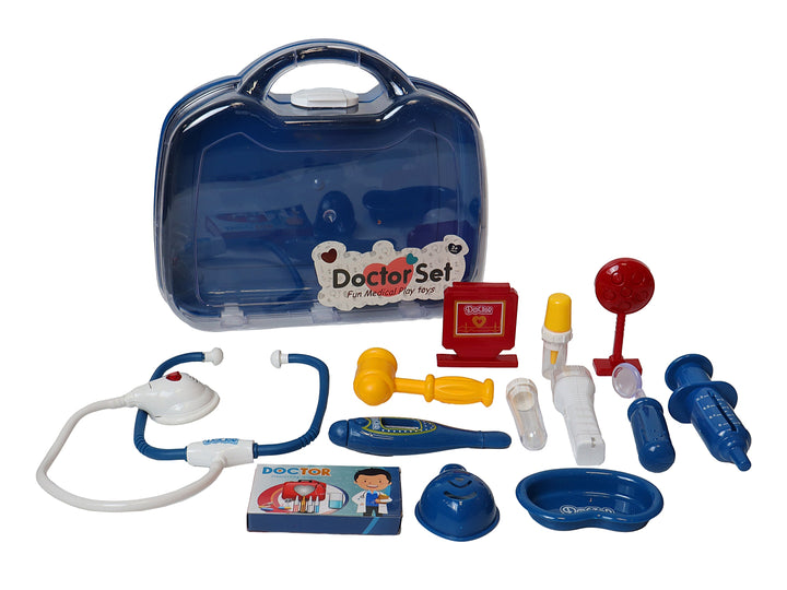 Set de juguete médico Kelder Toys con maletín azul y accesorios como estetoscopio y termómetro sobre fondo blanco.