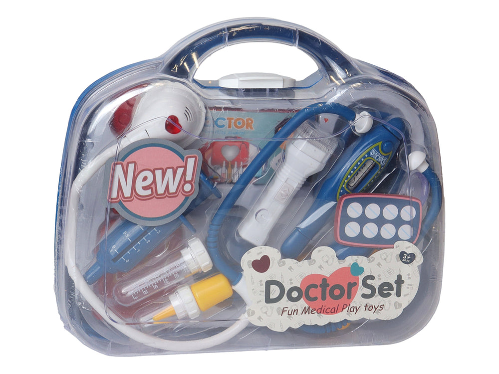 Set de juguete médico Kelder Toys con maletín azul y accesorios como estetoscopio y termómetro sobre fondo blanco.