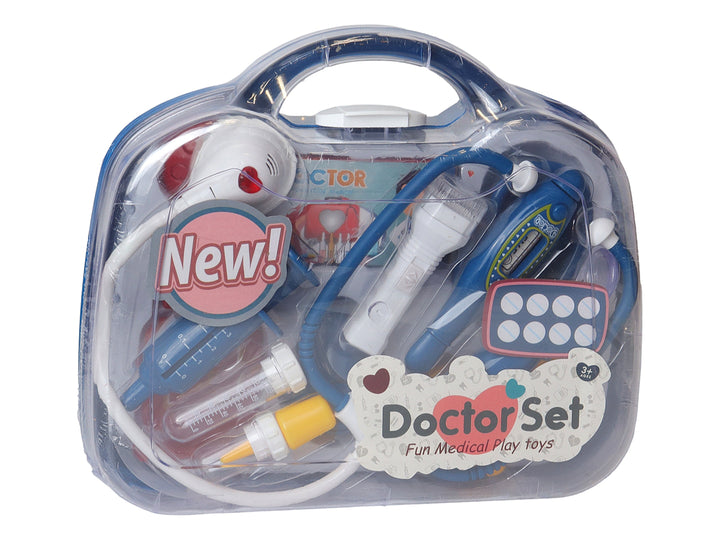 Set de juguete médico Kelder Toys con maletín azul y accesorios como estetoscopio y termómetro sobre fondo blanco.