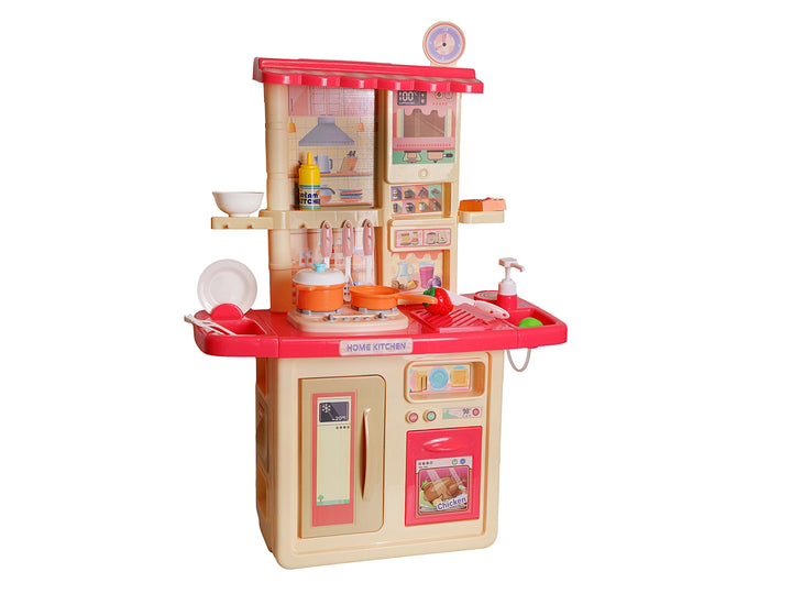 Set de cocina de juguete rosa y blanco con accesorios de comida plástica en su empaque.